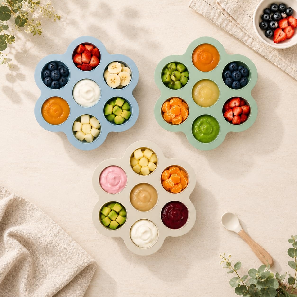 image:imagePandaEar 3 Pack Baby Food Freezer Tray with Lids Silicone Baby Food Storage Container for Homemade Baby Food Purees Breastmilk BlueGreenCarnationBlueGreenCarnation