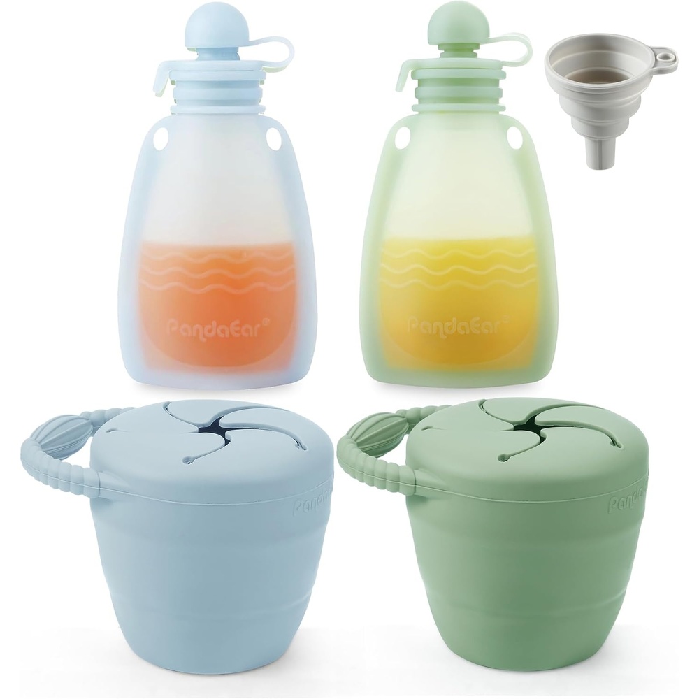 image:imagePandaEar 2 Pack Baby Food Pouches amp 2 Pack Snack Containers Reusable Silicone Squeeze Pouches amp Collapsible Toddler Snack Cups for Toddler Kids BlueampGreen