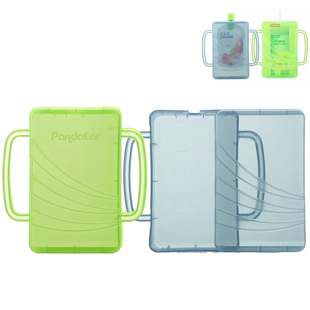 image:imagePandaEar 2 Pack Squeeze Proof Food Pouch Holder for Toddlers  SpillProof Baby Pouch amp Juice Box Holder with Handles  Slide to Open Design GreenBlue