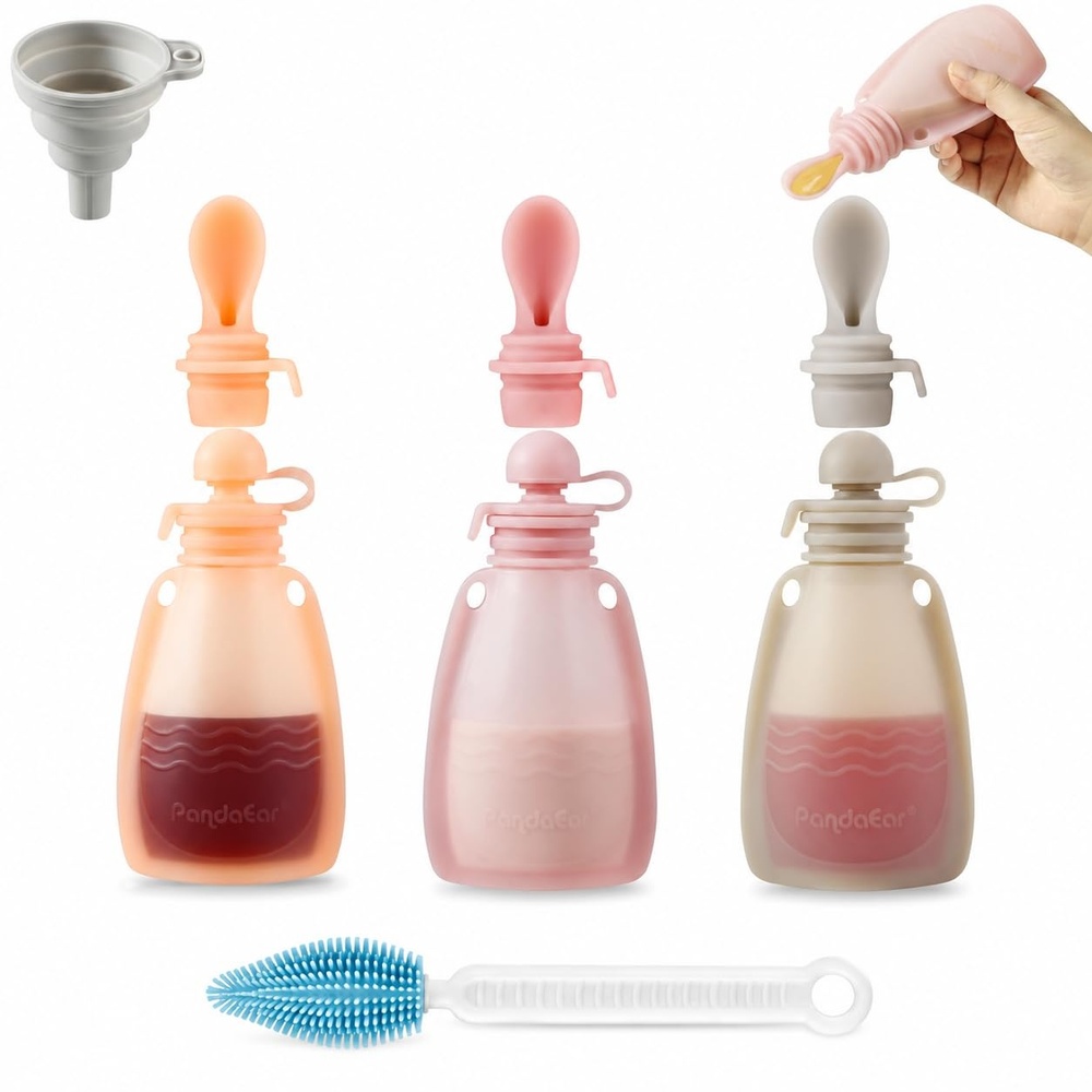 image:imagePandaEar 3 Pack Reusable Silicone Baby Food Pouches Pouches for Toddler Kids with 3 Silicone Puree Feeder Spoon BPAFree Silicone Refillable Baby Food Storage 55ozDark PinkLight PinkLinen