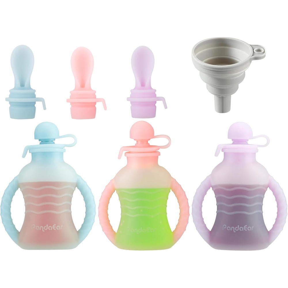 image:imagePandaEar 3 Pack Reusable Silicone Baby Food Pouches with 3 Puree Feeder Spoons amp Funnel  4oz Toddler Food Storage Pouch with Handle  BPAFree Baby Squeeze Pouches for Homemade Purees