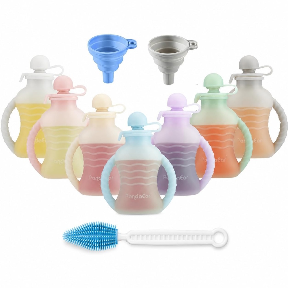 image:imagePandaEar 7Pack Reusable Silicone Baby Food Pouches with Handles 4oz Refillable Portable Pouches for Toddlers amp Infants BPAFree SelfFeeding Yogurt amp Smoothie Bags Includes 2 Funnels