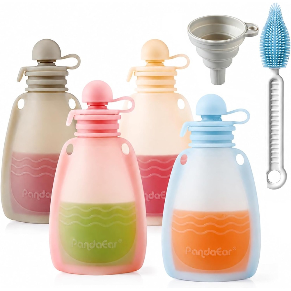 image:imagePandaEar Reusable Silicone Baby Food Pouches 4 Pack Squeeze Pouches for Toddler Kids BPAFree Silicone Refillable Baby Food Storage 5 oz5 Piece Set