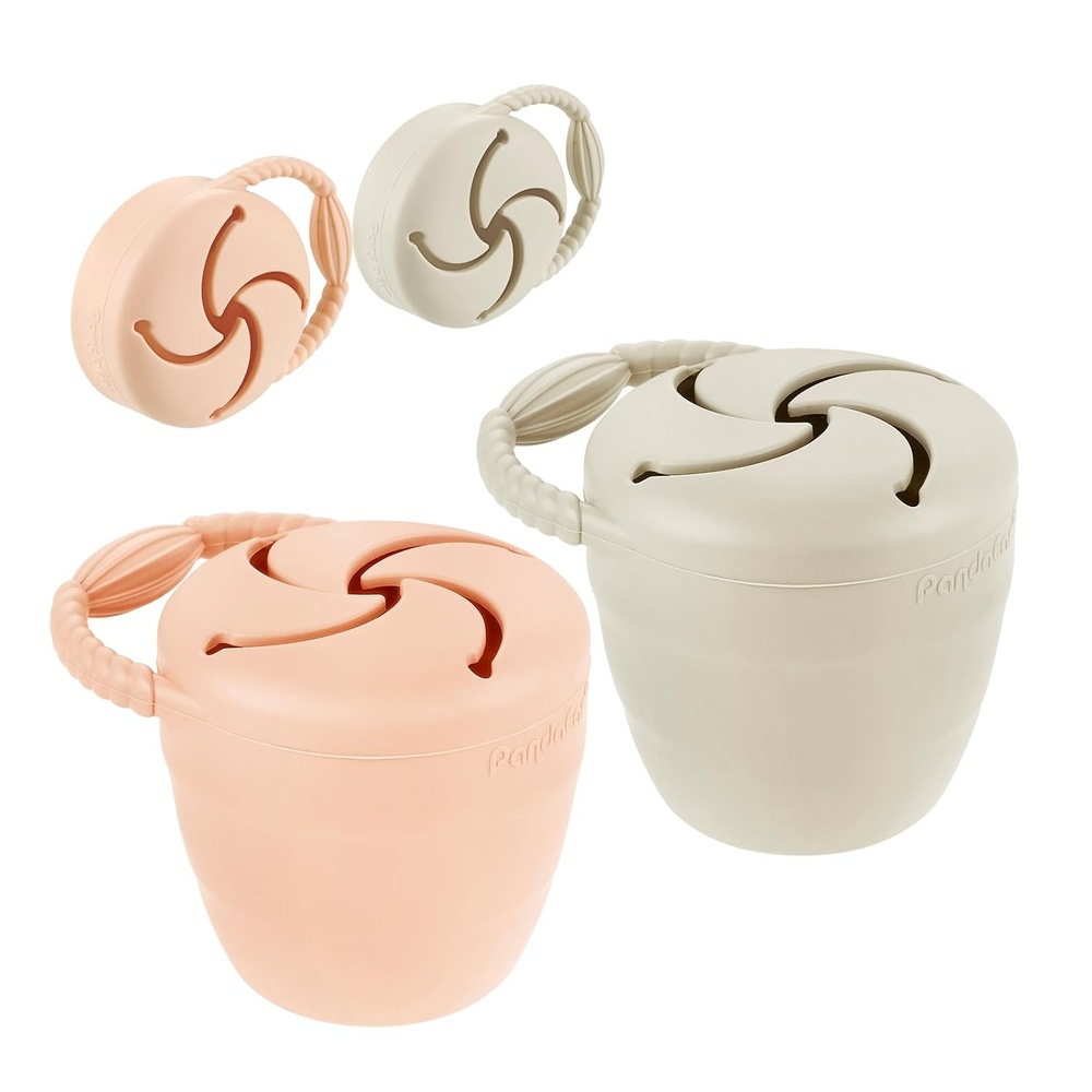 image:imagePandaEar Silicone Snack Containers Collapsible Toddler Snack Cups Spill Proof Food Catcher for Toddler Baby Pack of 2 Pink amp LinenPink  Linen
