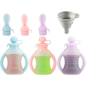 PandaEar 3 Pack Reusable Silicone Baby Food Pouches with 3 Puree Feeder Spoons & Funnel | 4oz Toddler Food Storage Pouch with Handle | BPA-Free Baby Squeeze Pouches for Homemade Purees