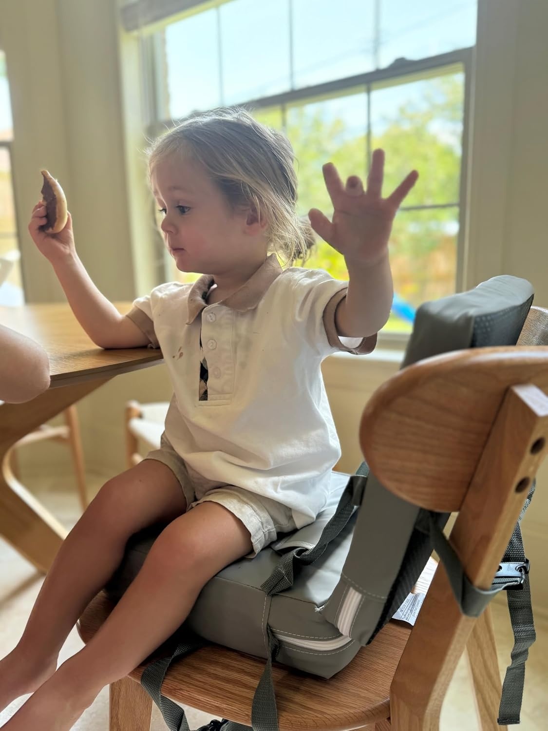 image:imagePandaEar Toddler Booster Seat for Dining Table Portable Increasing Booster Cushion with Backrest amp Adjustable Seat Belt for Kids Children NonSlip Bottom Grey
