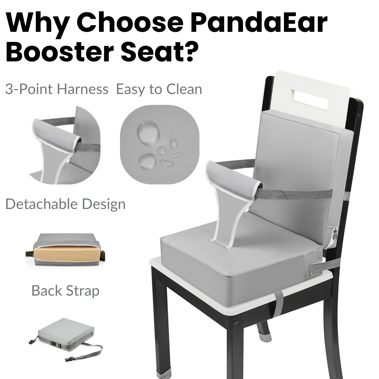 image:imagePandaEar Toddler Booster Seat for Dining Table Portable Increasing Booster Cushion with Backrest amp Adjustable Seat Belt for Kids Children NonSlip Bottom Grey