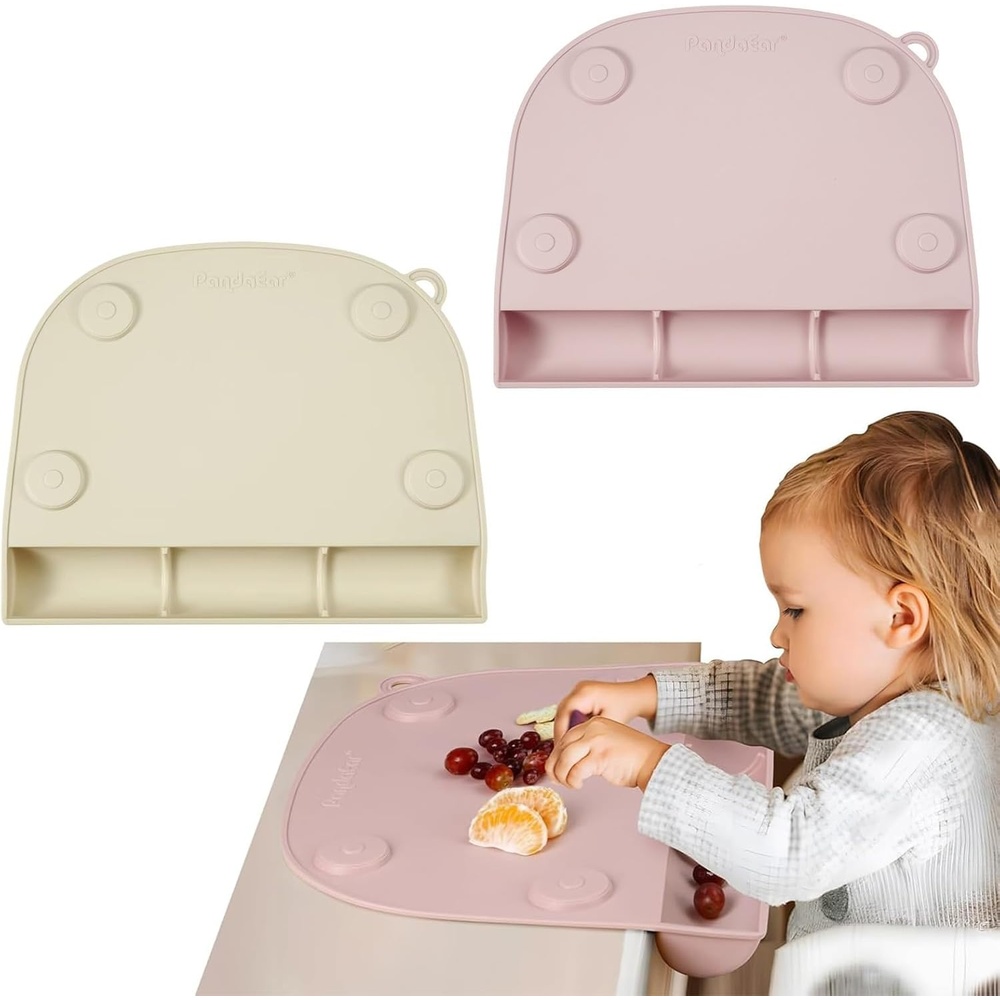 image:imagePandaEar 2Pack Silicone Baby Placemats with Food Catcher NonSlip Suction Toddler Place Mats for Dining Table amp High Chair Waterproof EasyClean Reusable Table Mat Pink amp Linen