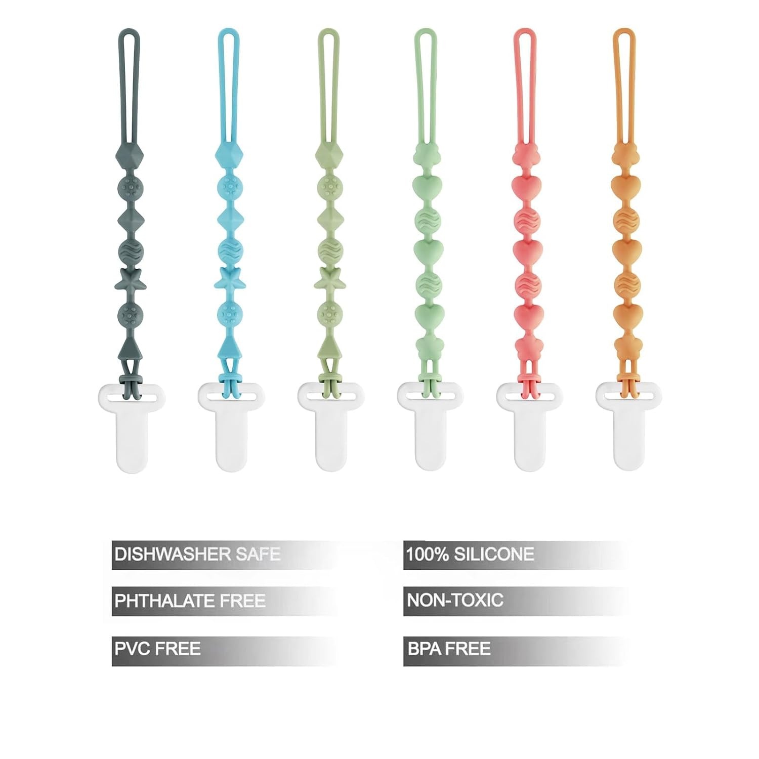 image:imagePandaEar 6 Pack Silicone Pacifier Clips One Piece Design Teething Pacifier Holder Clip Neutral Baby Paci Clips Boys amp Girls Binky Clips Pacifier Straps Chain for Toys Teethers