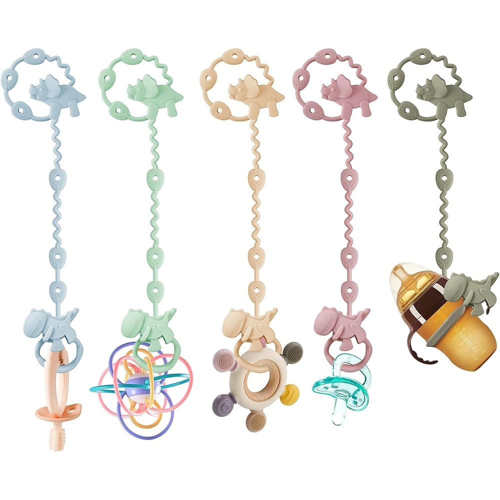 image:imagePandaEar 5 Pack Silicone Baby Toy Straps Dinosaur Pacifier Teether Holder