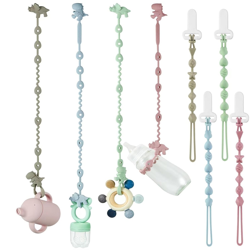image:imagePandaEar 8 Pack Baby Toy Straps amp Silicone Pacifier Clips Dinosaur Silicone Pacifier Teether Harness Straps and Pacifier Holder Clips with One Piece Design for Baby Boys amp Girls