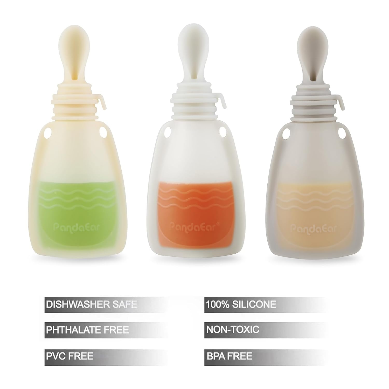 image:imagePandaEar 3 Pack Silicone Baby Food Pouches Reusable Squeeze Pouches for Toddler with 3 Silicone Puree Feeder Spoon BPAFree Silicone Refillable Infant Food Storage 5 oz Light TanampWalnutampGreyLight TanWalnutGrey