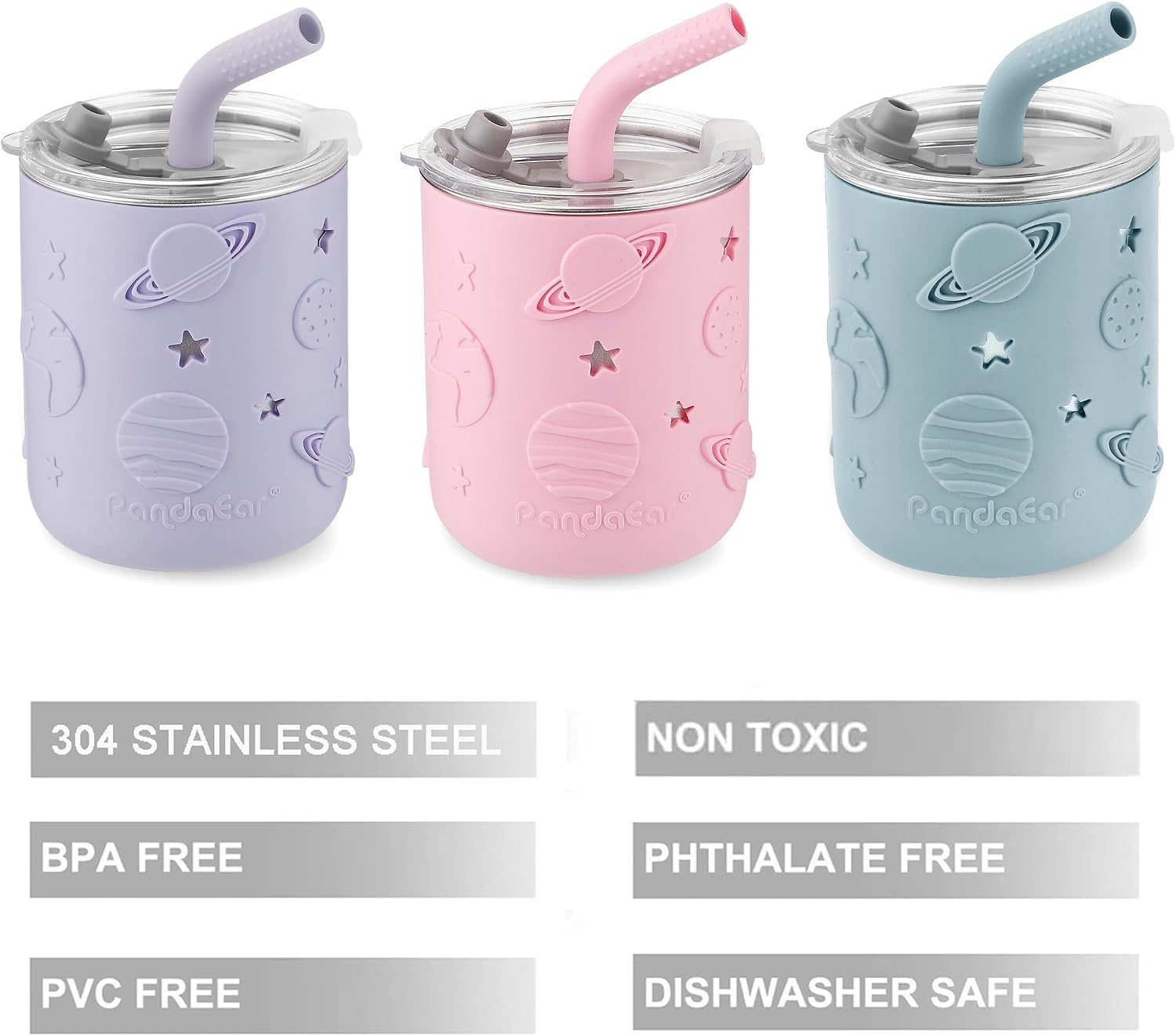image:imagePandaEar 3 Pack Stainless Steel Toddler Cups with Lids amp Silicone Sleeves Stainless Steel Toddler Tumbler with Straw Stopper 88 oz PinkBluePurple