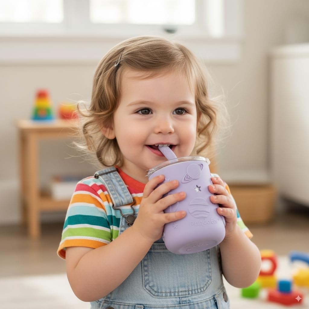 image:imagePandaEar 3 Pack Stainless Steel Toddler Cups with Lids amp Silicone Sleeves Stainless Steel Toddler Tumbler with Straw Stopper 88 oz PinkBluePurple