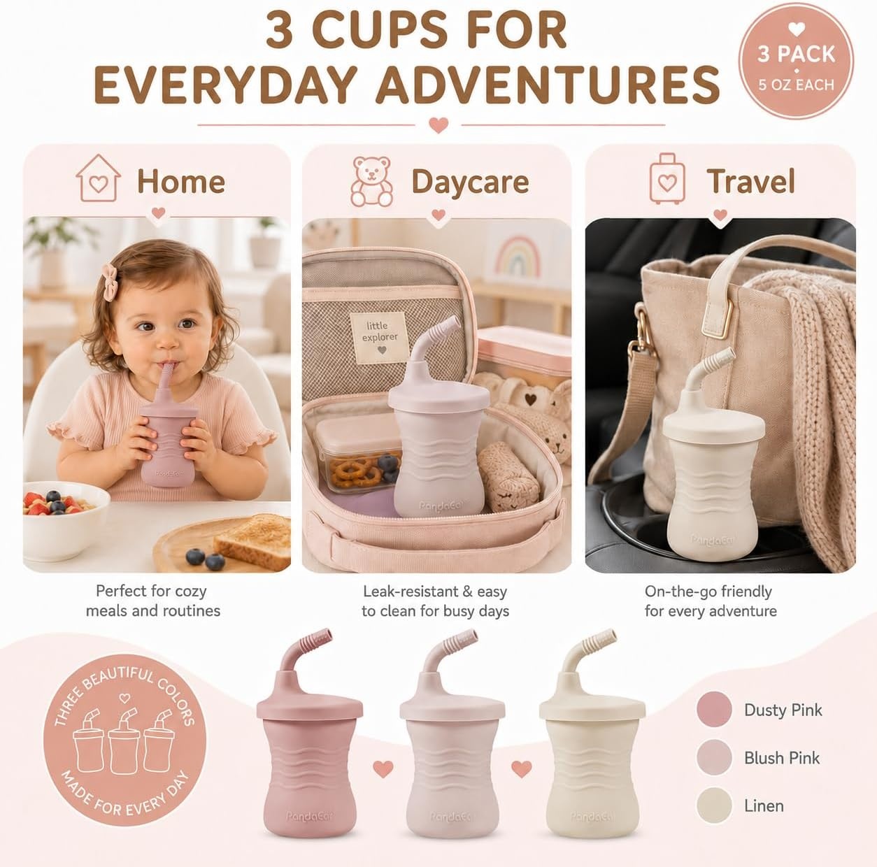 image:imagePandaEar 3Pack Silicone Baby Straw Cup 5oz Sippy Cup for 6 Month Old