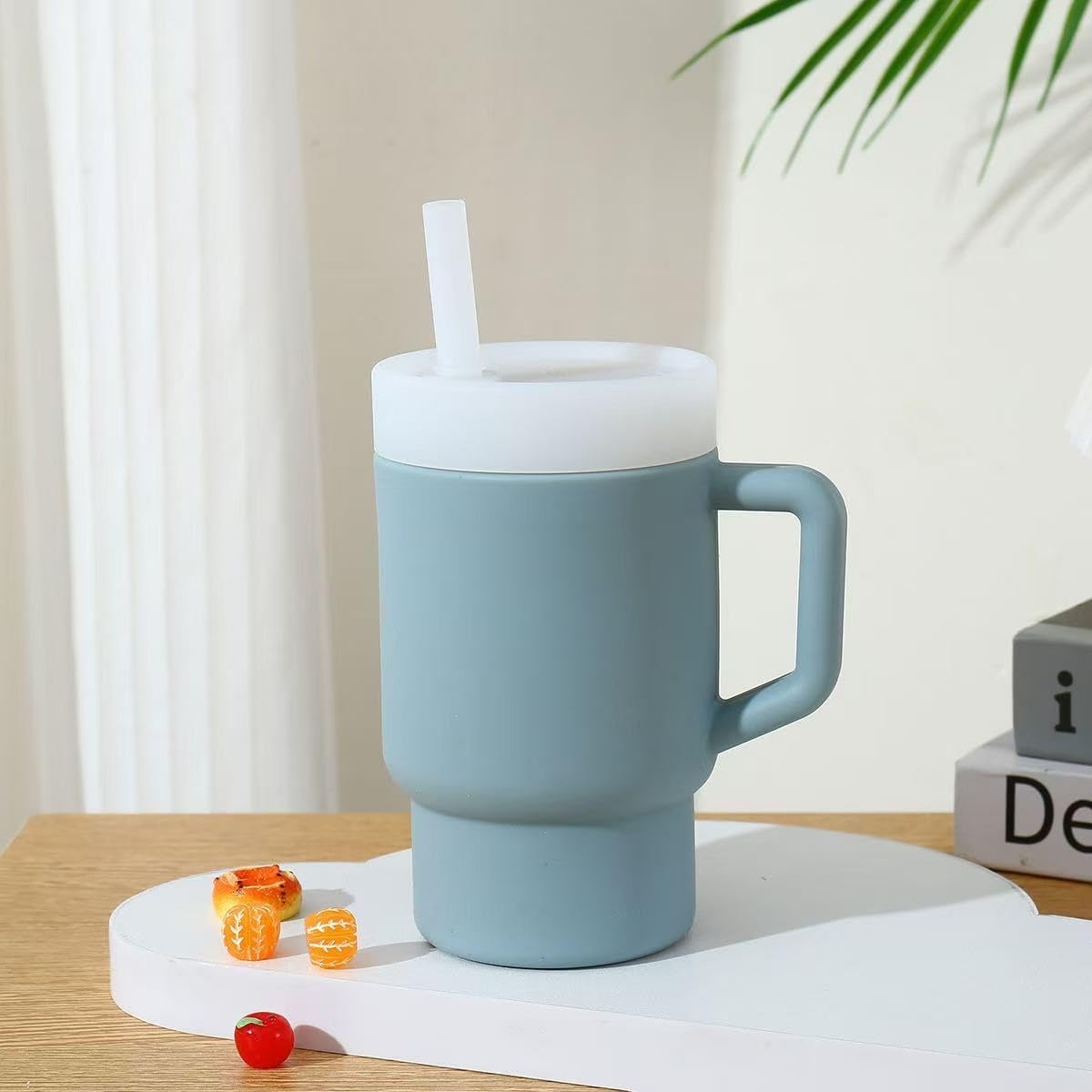 image:imagePandaEar Kids Tumbler Silicone Toddler Cup with Straw and Handle 95oz SpillProof Training Cup for Baby BPAFree Easy to Clean Blue BlueBlue