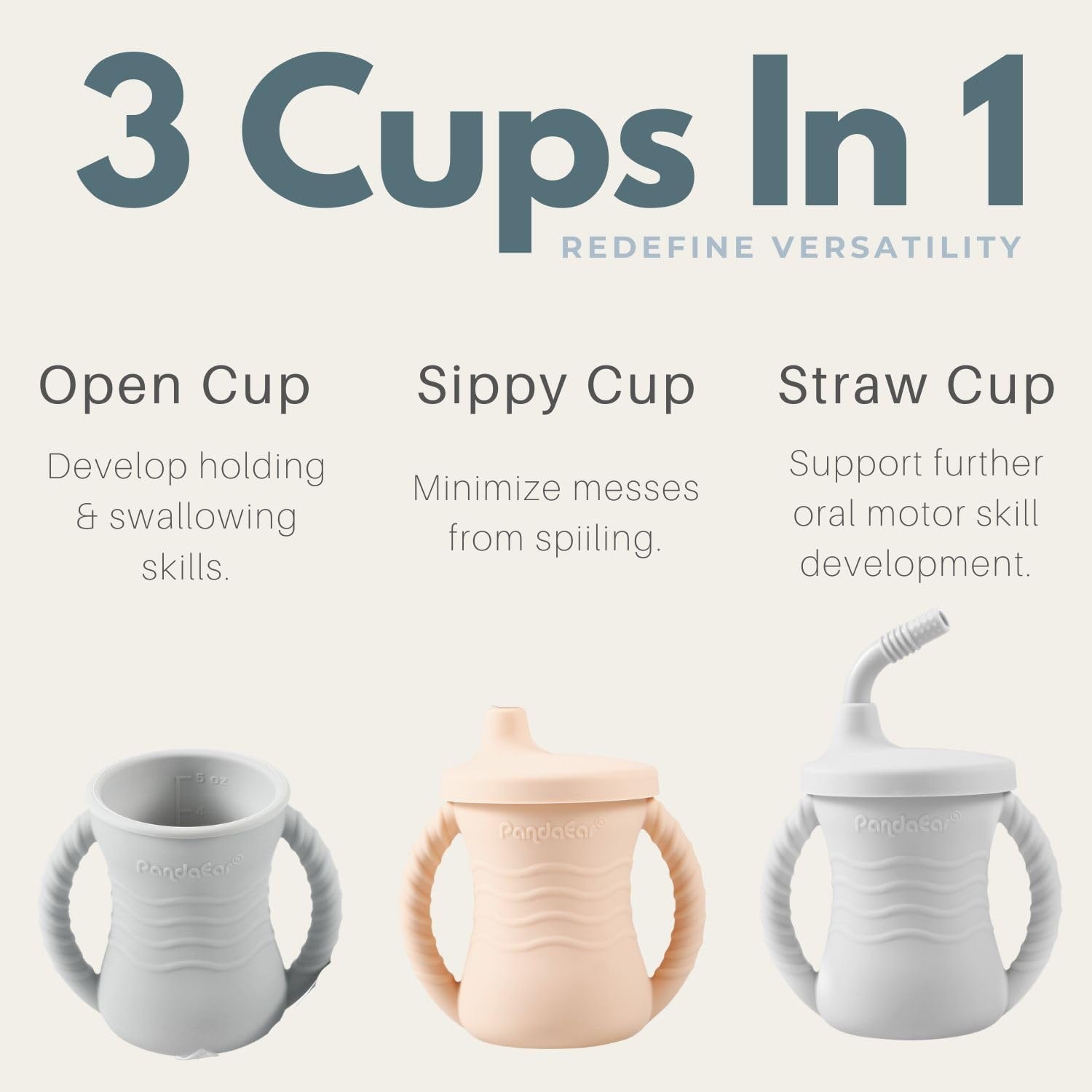 image:imagePandaEar Silicone Training Cup 2 Pack Baby Drinking Sippy Cups with Handles amp Straw for Baby and Toddler 6 Months PinkampGreyPinkGrey