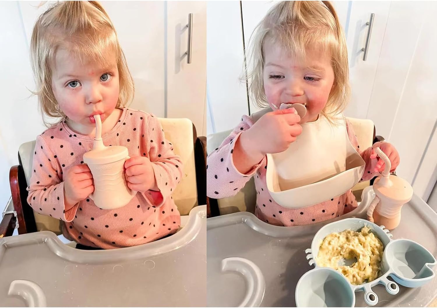 image:imagePandaEar Silicone Training Cup 2 Pack Baby Drinking Sippy Cups with Handles amp Straw for Baby and Toddler 6 Months PinkampGreyPinkGrey