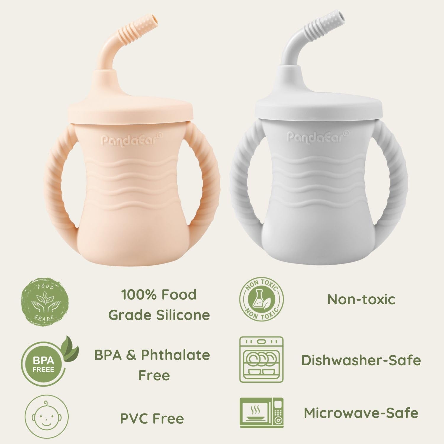 image:imagePandaEar Silicone Training Cup 2 Pack Baby Drinking Sippy Cups with Handles amp Straw for Baby and Toddler 6 Months PinkampGreyPinkGrey