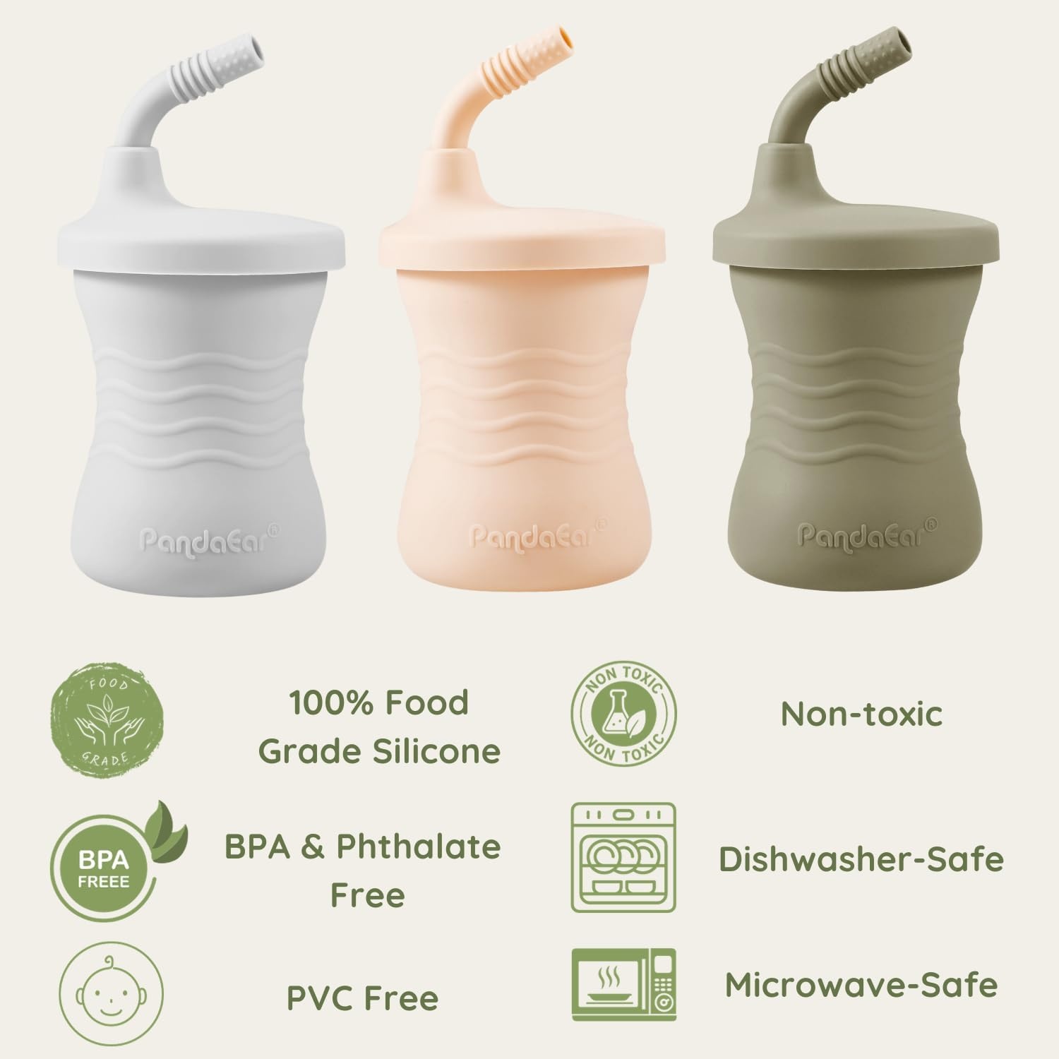 image:imagePandaEar Silicone Training Cup 3 Pack Baby Drinking Sippy Cups with Straw for Baby and Toddler 6 Months BrownPinkGrayBrownPinkGray