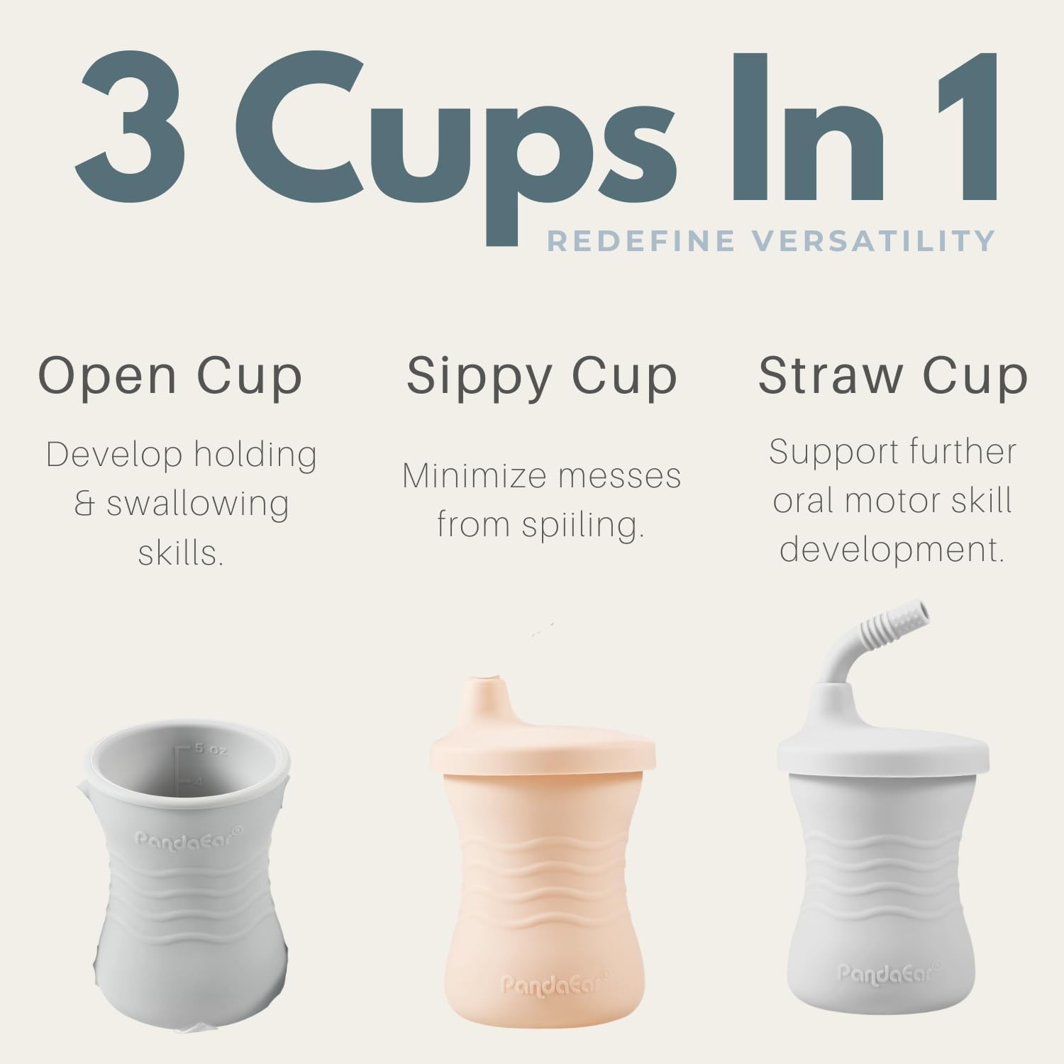 image:imagePandaEar Silicone Training Cup 3 Pack Baby Drinking Sippy Cups with Straw for Baby and Toddler 6 Months BrownPinkGrayBrownPinkGray