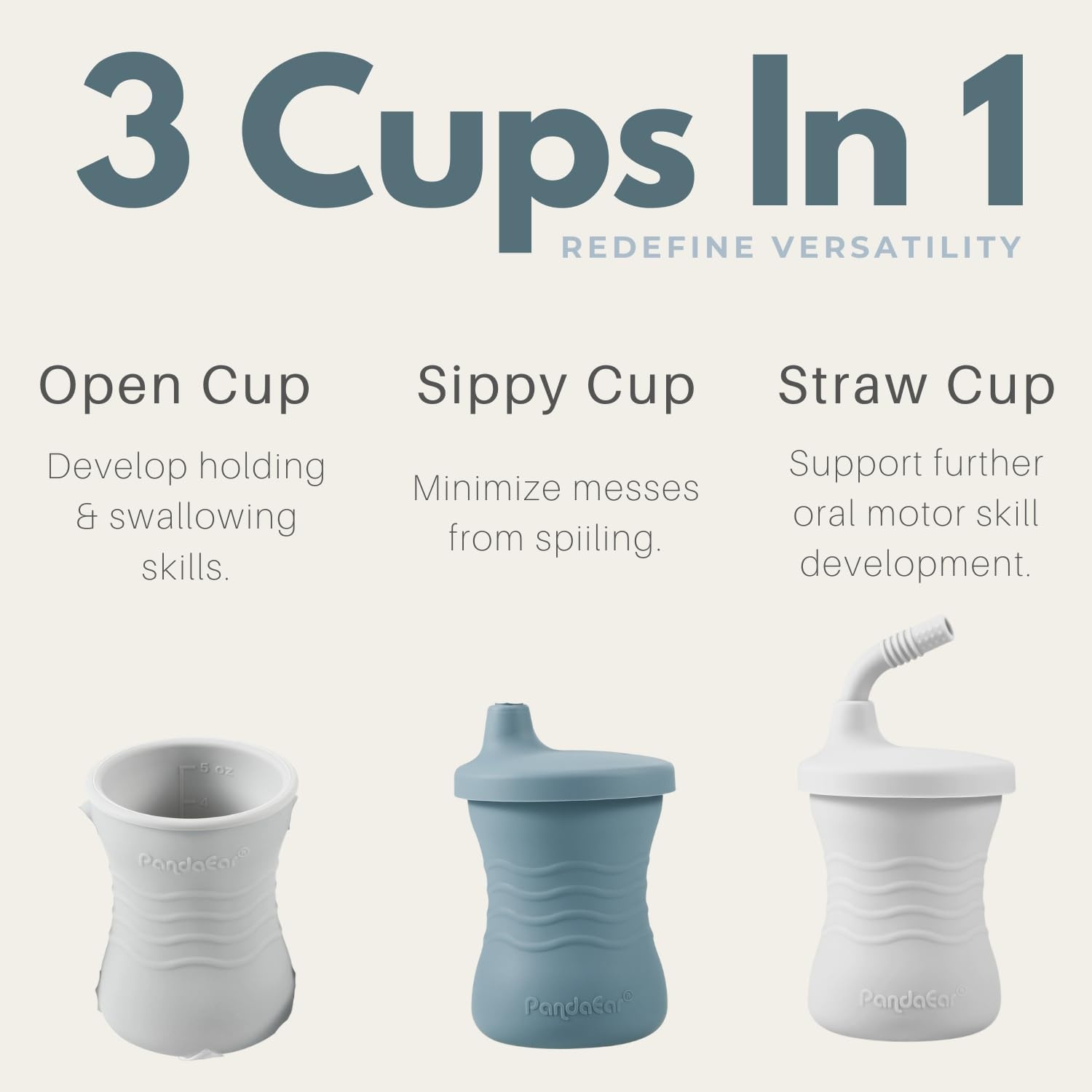 image:imagePandaEar Silicone Training Cup 3 Pack Baby Drinking Sippy Cups with Straw for Baby and Toddler 6 Months BrownPinkGrayDark BlueLight BlueGray