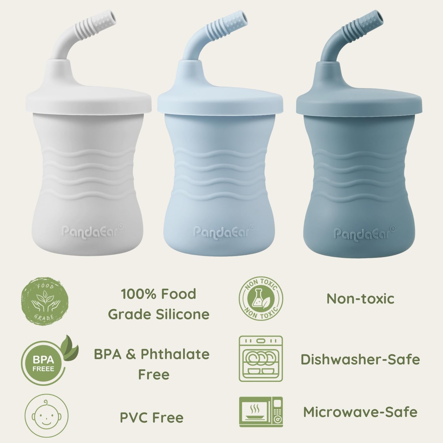 image:imagePandaEar Silicone Training Cup 3 Pack Baby Drinking Sippy Cups with Straw for Baby and Toddler 6 Months BrownPinkGrayDark BlueLight BlueGray
