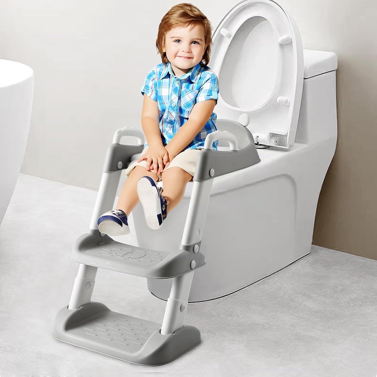 image:imagePandaEar Toilet Potty Training Seat with Step Stool Ladder Comfortable Safe Potty Seat with AntiSlip Pads Ladder for Kids Boys Girls Toddlers GreyGray