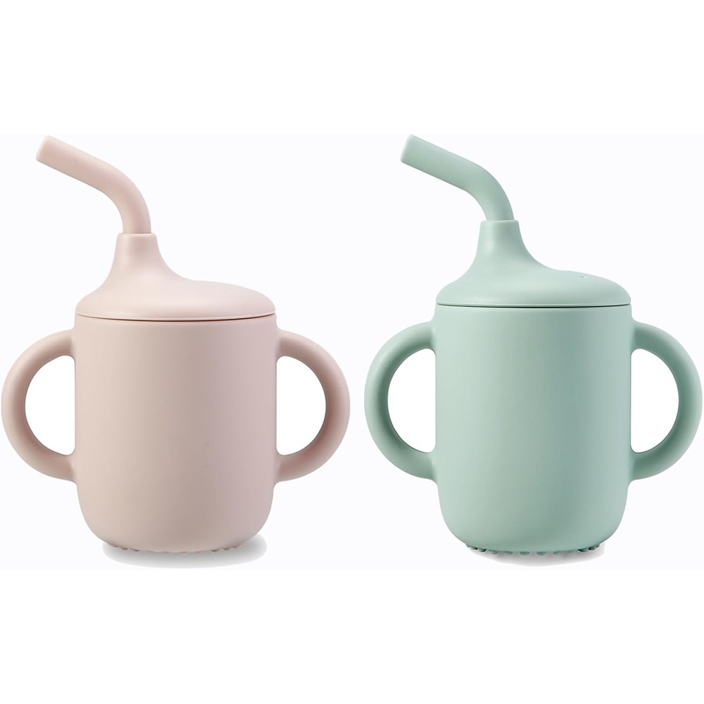 image:imagePandaEar 2 Pack 100 Tiny Silicone Drinking Training Cup with Handles amp Straw for Baby and Toddler Pink GreenPink Green