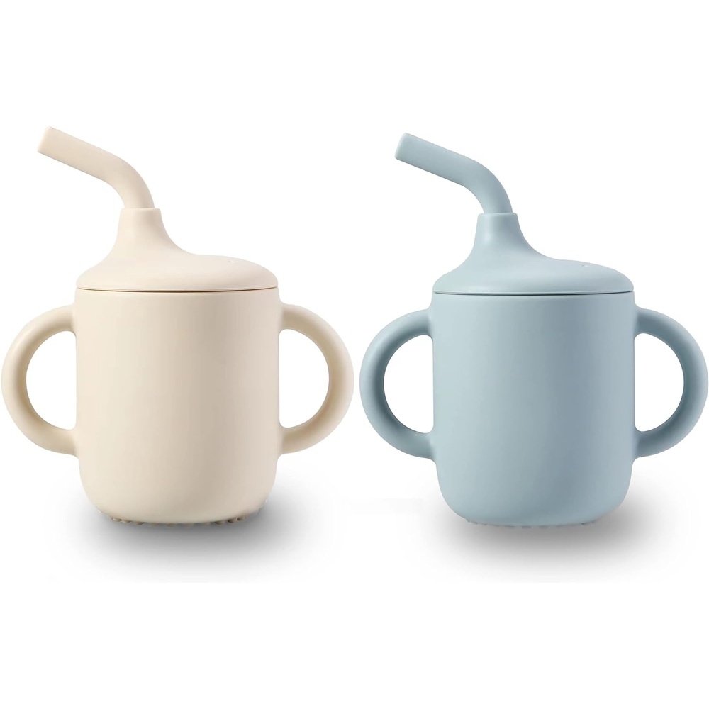 image:imagePandaEar 2 Pack 100 Tiny Silicone Drinking Training Cup with Handles amp Straw for Baby and Toddler Pink GreenWhite Blue