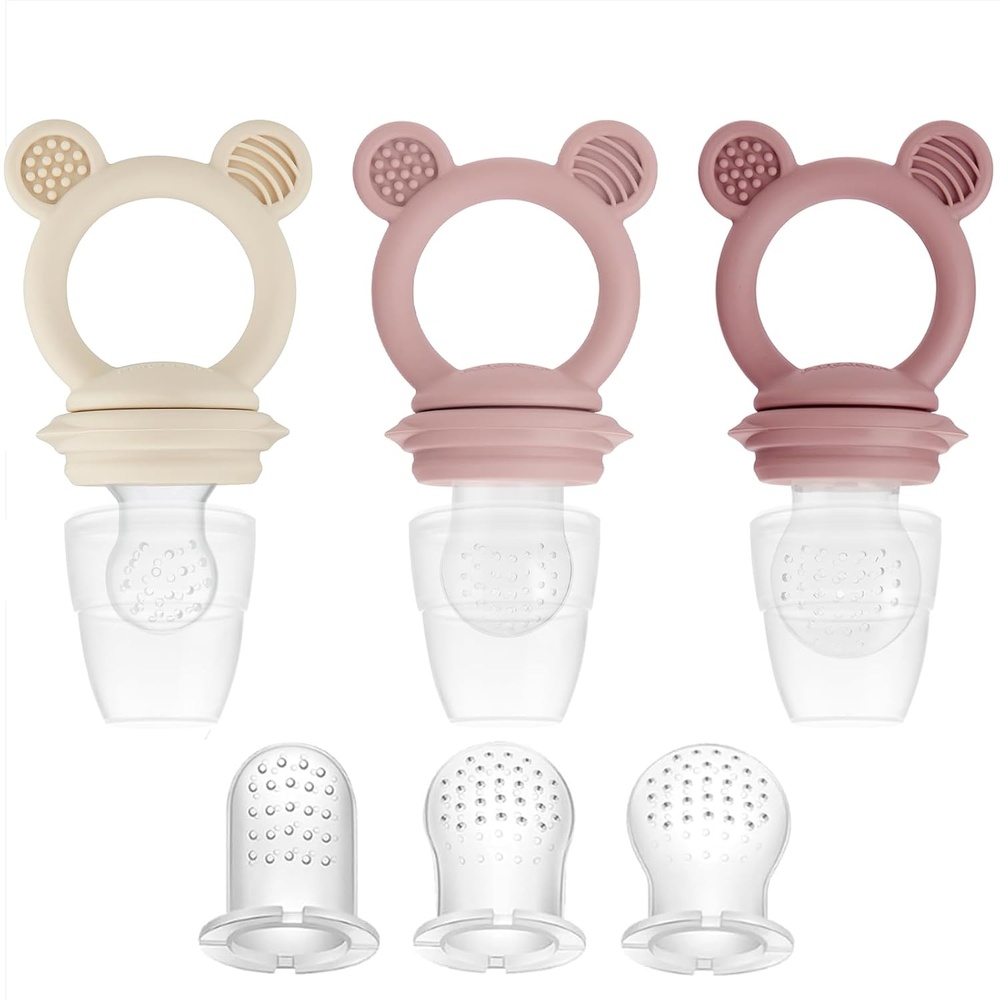 image:imagePandaEar 3 Pack Baby Fruit amp Food Feeder Pacifier Silicone Feeder Pacifier with 3 Sizes Pouches for Babies Toddlers Infants Kids BPAFree Food Grade Soft Safe TanGreyBrownPinkLinen