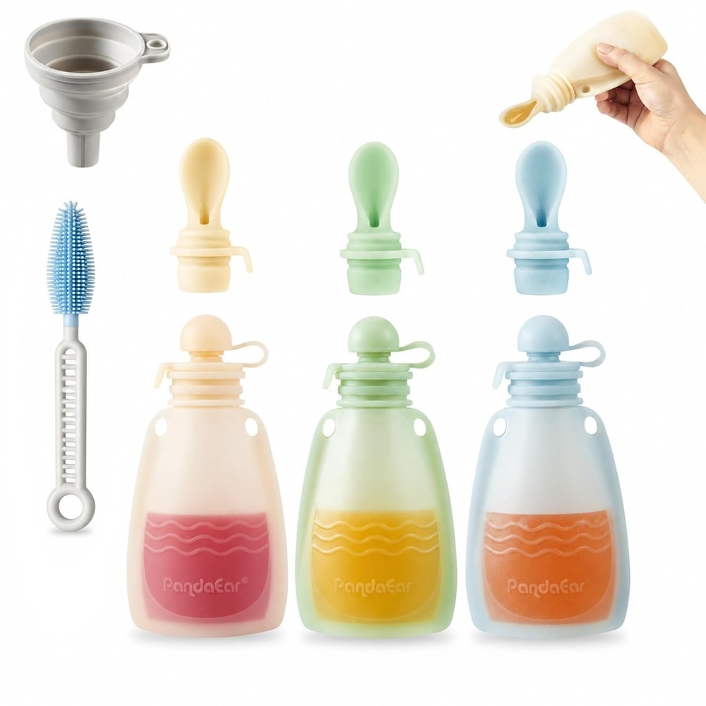 image:imagePandaEar 3 Pack Silicone Baby Food Pouches Reusable Squeeze Pouches for Toddler with 3 Silicone Puree Feeder Spoon BPAFree Silicone Refillable Infant Food Storage 5 oz Light TanampWalnutampGreyBeigeBlueGree