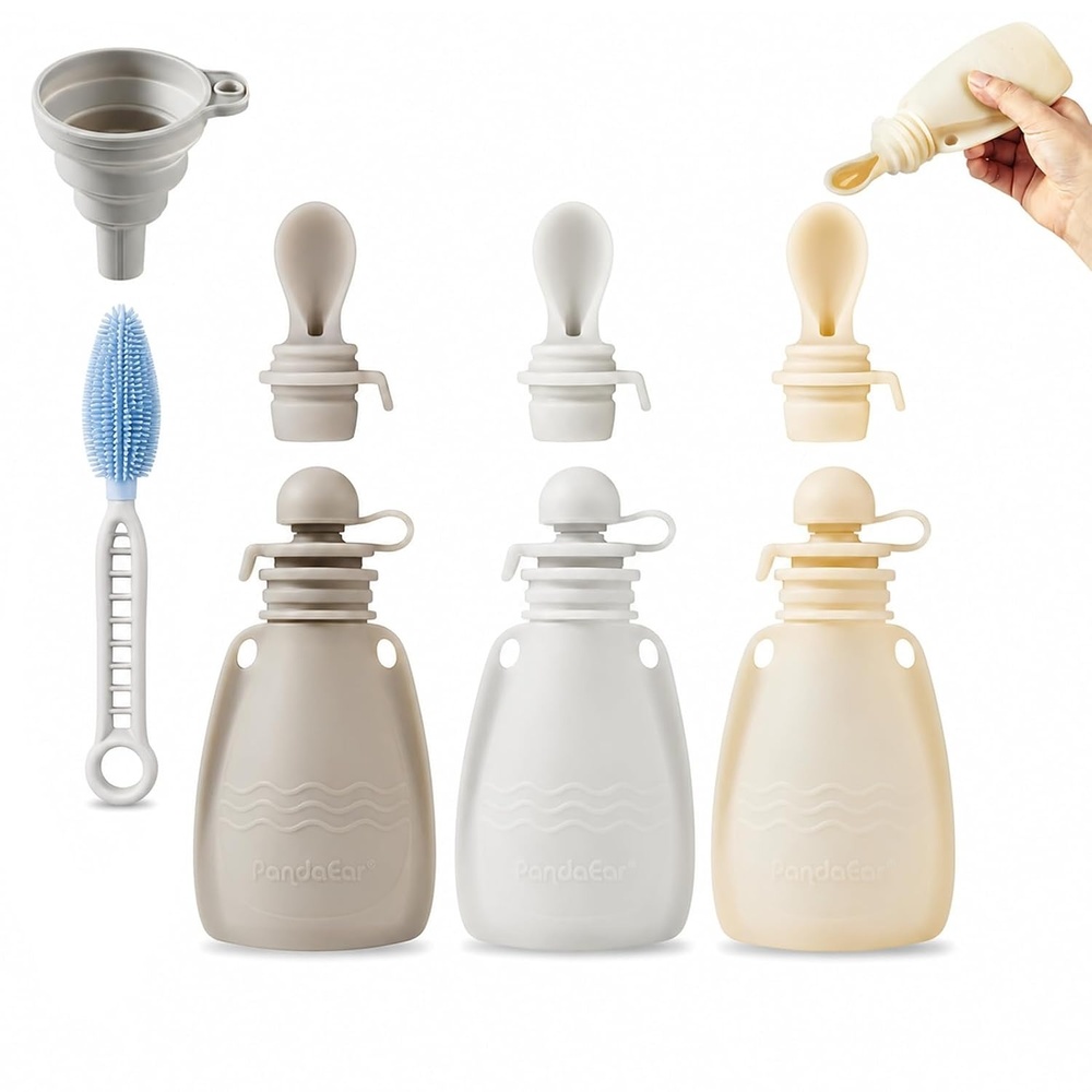 image:imagePandaEar 3 Pack Silicone Baby Food Pouches Reusable Squeeze Pouches for Toddler with 3 Silicone Puree Feeder Spoon BPAFree Silicone Refillable Infant Food Storage 5 oz Light TanampWalnutampGreyLight TanWalnutGrey