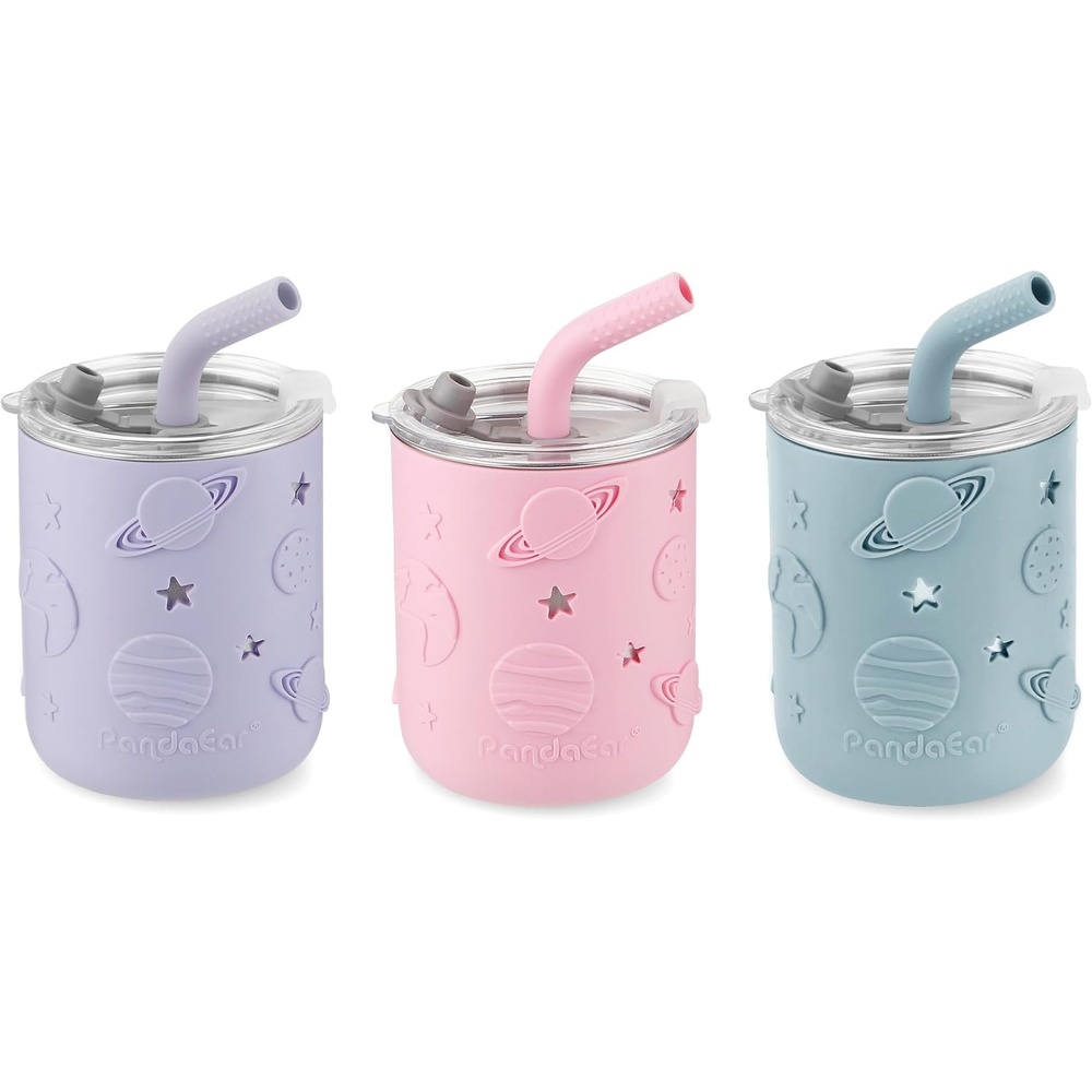 image:imagePandaEar 3 Pack Stainless Steel Toddler Cups with Lids amp Silicone Sleeves Stainless Steel Toddler Tumbler with Straw Stopper 88 oz PinkBluePurple
