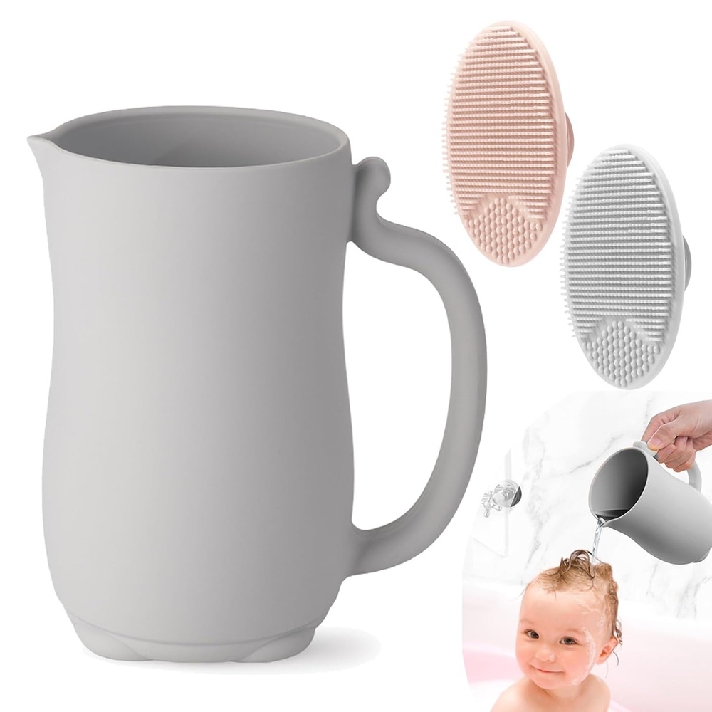 image:imagePandaEar Baby Bath Rinse Cup Silicone Baby Shampoo Rinser with 2 Pack Cradle Cap Brush for Kids Toddler Body Washing PinkGrey