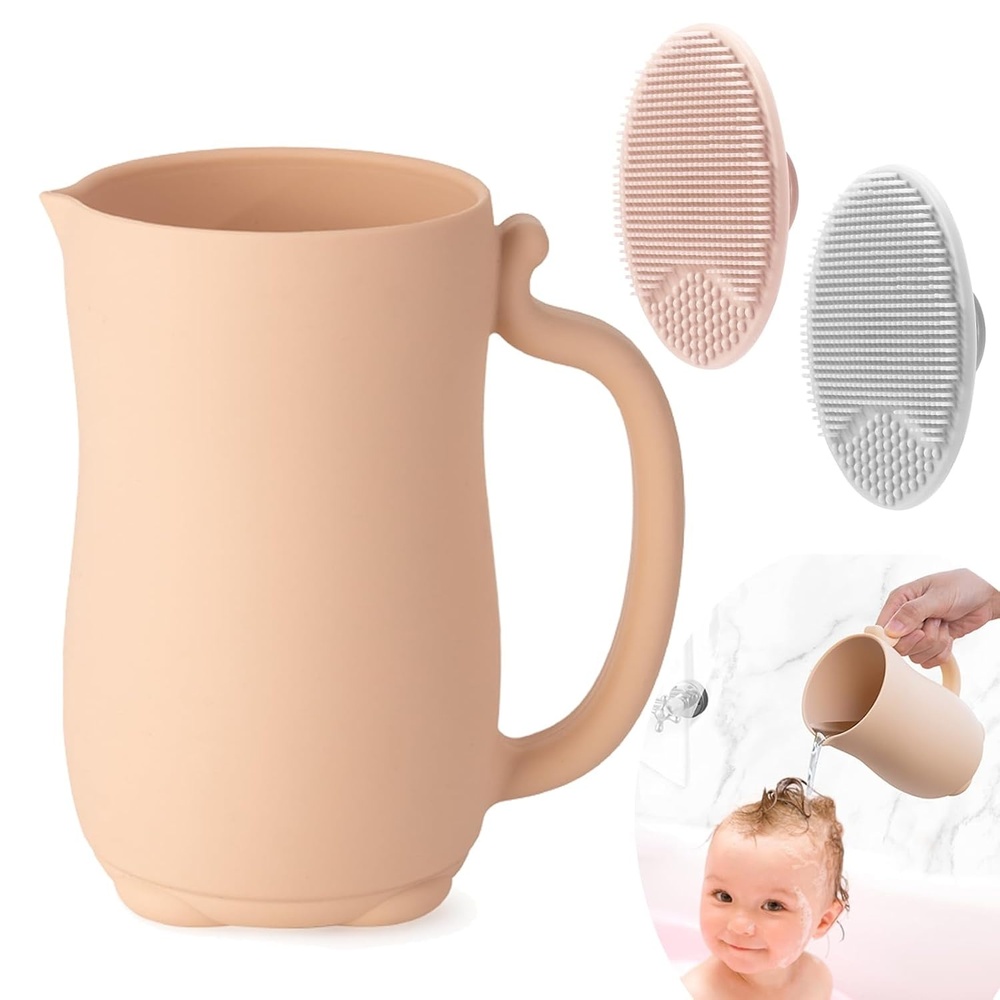 image:imagePandaEar Baby Bath Rinse Cup Silicone Baby Shampoo Rinser with 2 Pack Cradle Cap Brush for Kids Toddler Body Washing PinkPink