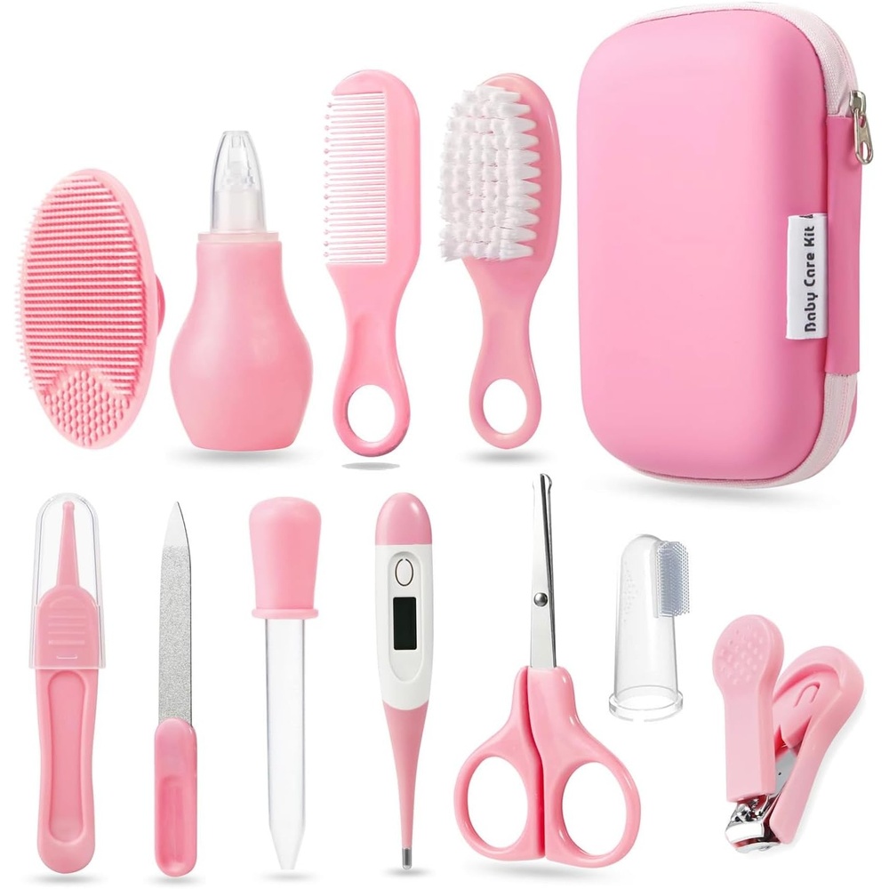 image:imagePandaEar Baby Healthcare amp Grooming Kit Baby Safety Set Comb Brush Finger Toothbrush Nail Clippers Scissors Nasal Aspirator Nursery Care Kit Blue12in1 Pink