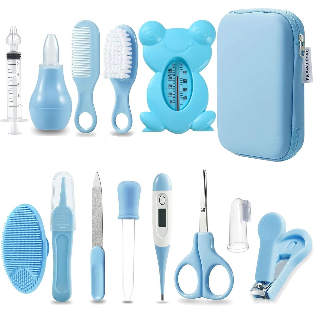 image:imagePandaEar Baby Healthcare amp Grooming Kit Baby Safety Set Comb Brush Finger Toothbrush Nail Clippers Scissors Nasal Aspirator Nursery Care Kit Blue13in1 Blue