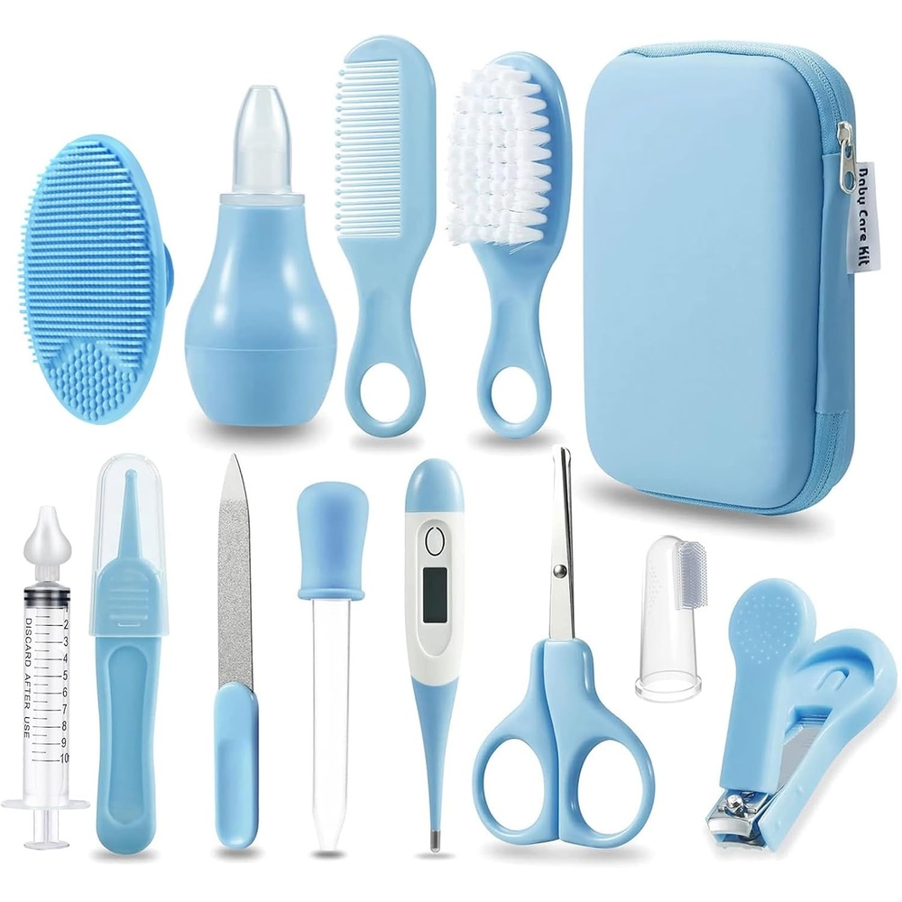 image:imagePandaEar Baby Healthcare amp Grooming Kit Baby Safety Set Comb Brush Finger Toothbrush Nail Clippers Scissors Nasal Aspirator Nursery Care Kit BlueBlue