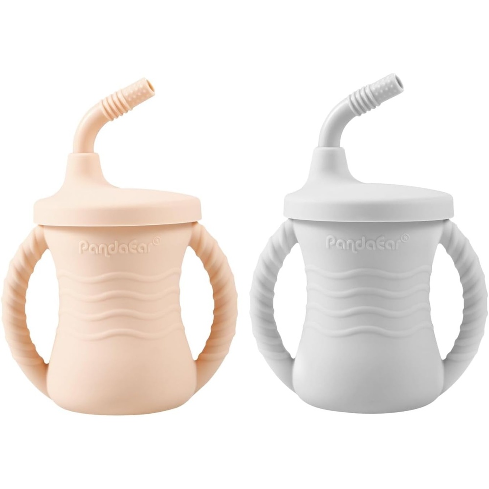 image:imagePandaEar Silicone Training Cup 2 Pack Baby Drinking Sippy Cups with Handles amp Straw for Baby and Toddler 6 Months PinkampGreyPinkGrey