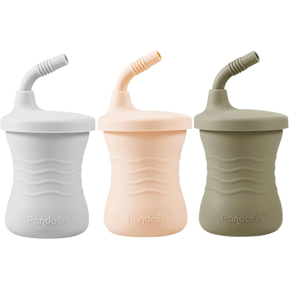 image:imagePandaEar Silicone Training Cup 3 Pack Baby Drinking Sippy Cups with Straw for Baby and Toddler 6 Months BrownPinkGrayBrownPinkGray