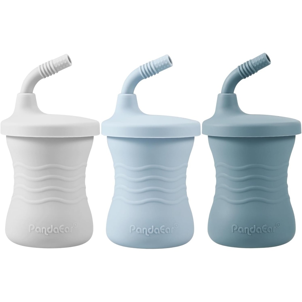 image:imagePandaEar Silicone Training Cup 3 Pack Baby Drinking Sippy Cups with Straw for Baby and Toddler 6 Months BrownPinkGrayDark BlueLight BlueGray