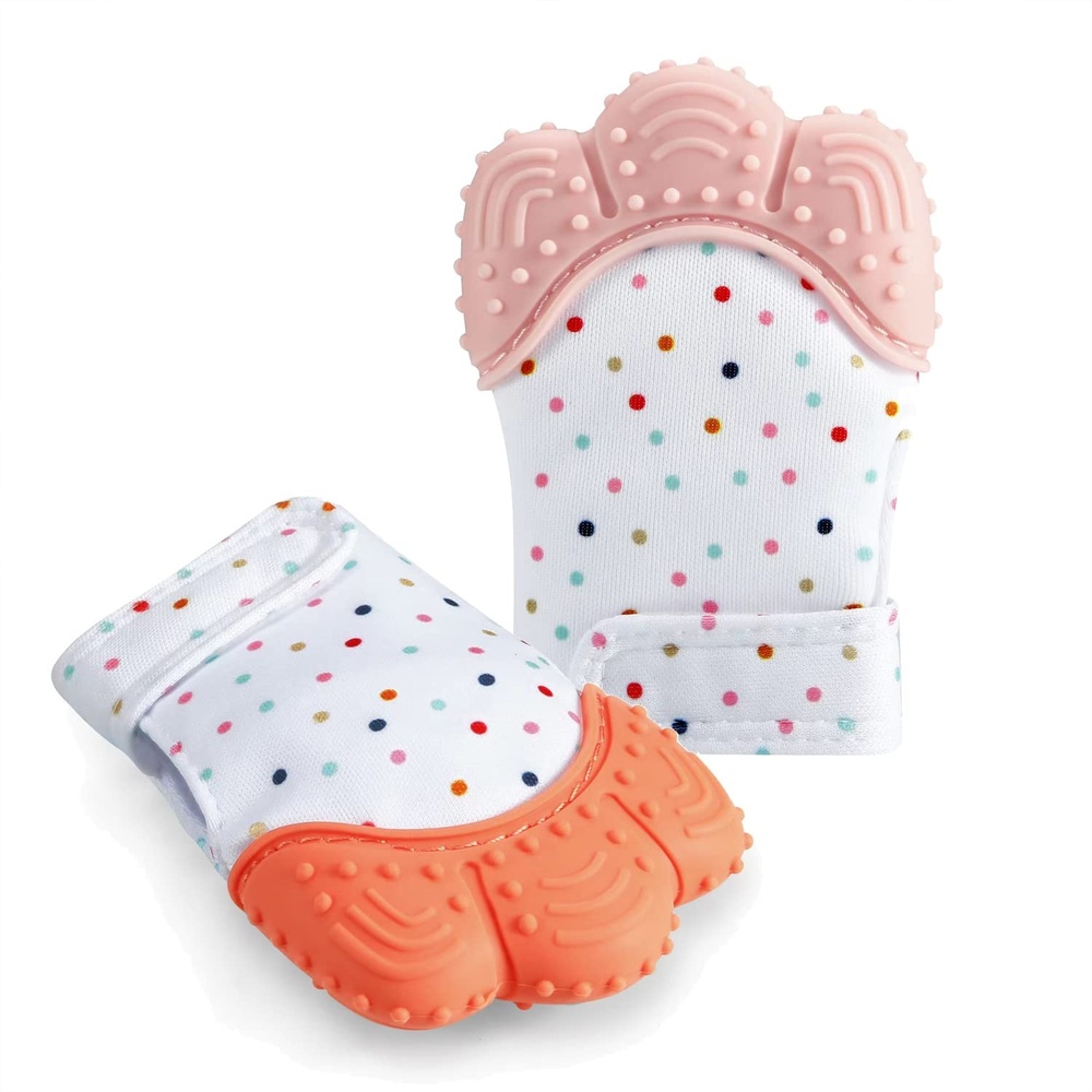 image:imagePandaEar Soothing Teething Mitten 2 Pack Pain Relief Protection Glove Stimulating Teether 012 Months Blue GreenOrange Pink