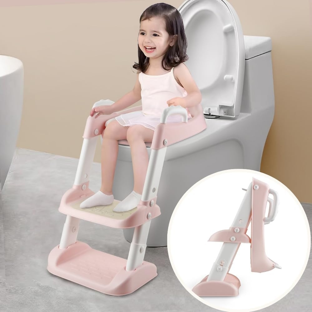 image:imagePandaEar Toilet Potty Training Seat with Step Stool Ladder Comfortable Safe Potty Seat with AntiSlip Pads Ladder for Kids Boys Girls Toddlers GreyPink