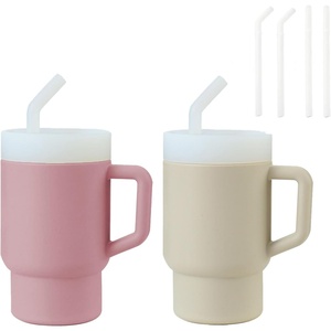 PandaEar 2 Pack Kids Tumbler Silicone Toddler Cup with Straw and Handle, 9.5oz Spill-Proof Training Cup for Baby, BPA-Free, Easy to Clean -Grey/Pink
