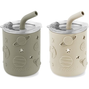 PandaEar 2 Pack Stainless Steel Cups with Lids & Silicone Sleeves | 8.8 oz Spill Proof Sippy Cups with Straw Stopper & Teething-Friendly Straws for Kids Children Ages 3+ (Beige & Khaki)(Beige & Khaki)