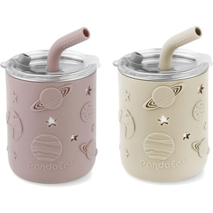 PandaEar 2 Pack Stainless Steel Cups with Lids & Silicone Sleeves | 8.8 oz Spill Proof Sippy Cups with Straw Stopper & Teething-Friendly Straws for Kids Children Ages 3+ (Beige & Khaki)(Beige & Pink)