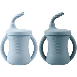 PandaEar Silicone Training Cup, 2 Pack Baby Drinking Sippy Cups with Handles & Straw for Baby and Toddler 6 Months+ (Pink&Grey)(Dark Blue/Light Blue)