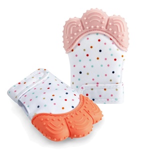 PandaEar Soothing Teething Mitten 2 Pack, Pain Relief, Protection Glove, Stimulating Teether, 0-12 Months (Blue Green)(Orange Pink)