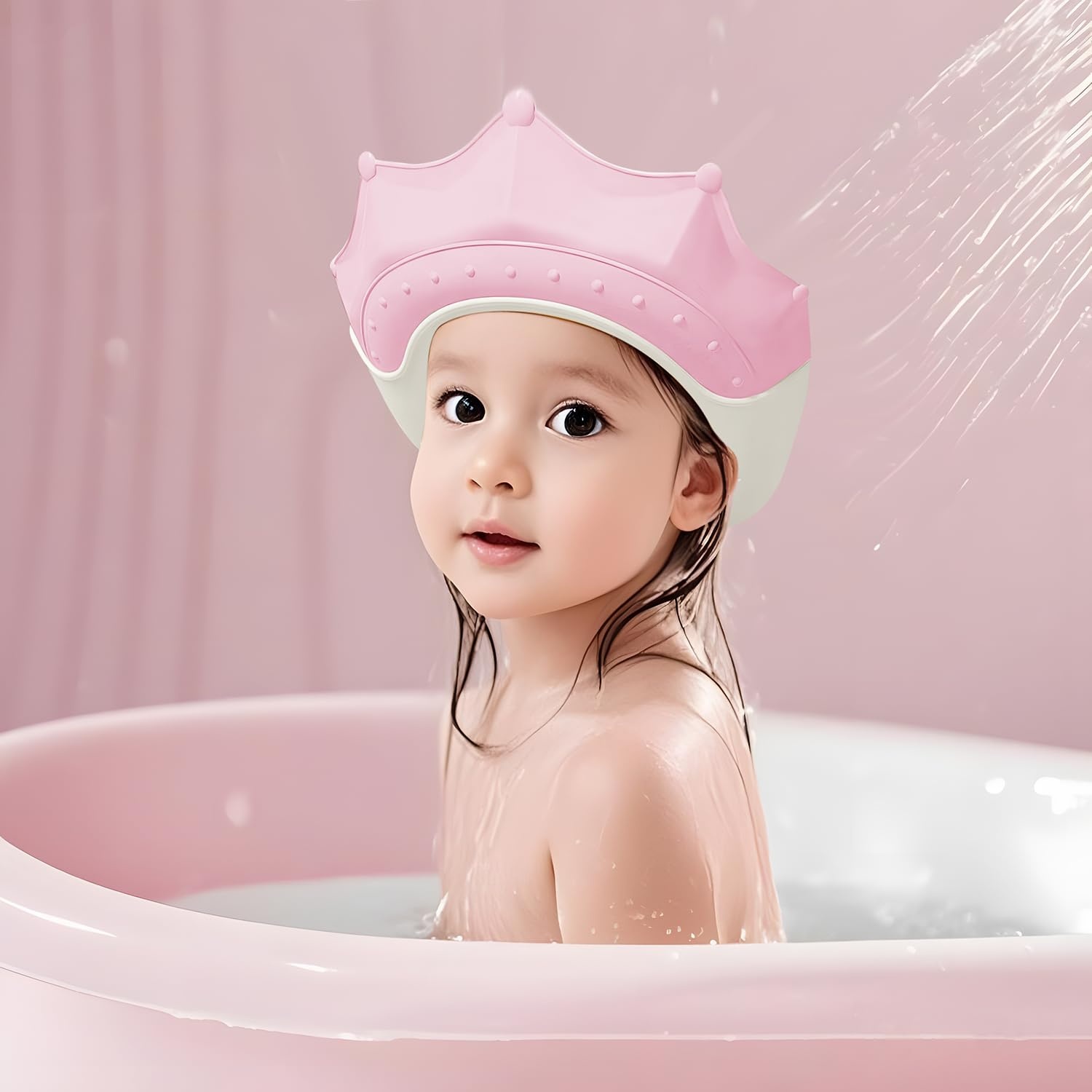image:imagePandaEar Baby Shower Cap Hair Washing Hat 2 Pack Waterproof Adjustable Silicone Bath Hat for Eye and Ear Protection Cute Crown ShapePinkYellow